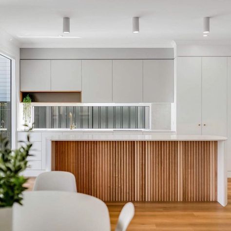 The @bighouselittlehouse Cranley 2.0 kitchen with beautiful Porta Contours (Riverine) front and centre. For more on #PortaContours, or to… Timber Kitchen, Residential Building Design, All White Kitchen, Gorgeous Bedrooms, Curved Walls, Kitchen Benches, 아파트 인테리어, Home Magazine, Big Houses