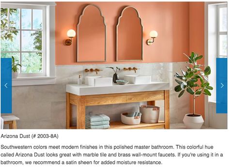 Paint color = Arizona Dust, Valspar Peach Paint Bathroom, Light Orange Bathroom Walls, Peach Color Kitchen, Peach Bathroom Walls, Light Peach Wall Color, Peach Color Bathroom, Apricot Bathroom, Light Orange Paint Colors, Accent Wall Paint Colors