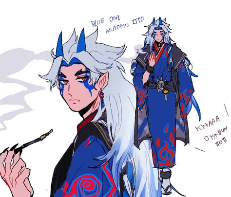 Twitter @singto_u Arataki Itto Fanart, Blue Oni, Arataki Itto, Ship Art, Handsome Anime Guys, Handsome Anime, White Hair, Art Reference Poses, Drawing Reference