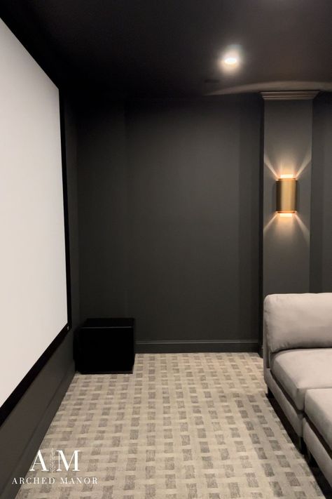 DIY Home Movie Theater Room Reveal - Building on a Budget - Arched Manor Movie Room Lights, Theatre Room Wall Sconces, Media Room Carpet Ideas, Theater Room With Fireplace, Home Theater Lights, Diy Theater Room Ideas, Theater Room Paint Ideas, Theater Room Wall Color Ideas, Media Room Paint Colors Wall