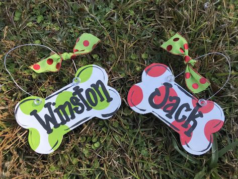 Dog bone personalized ornament Hand crafted. Attached bow. Measures 6x3.5 inches Dog Ornaments Diy, Personalized Dog Ornament, Work Project, Wood Christmas Ornaments, Wooden Christmas Ornaments, Wood Christmas, Hand Painted Ornaments, Grinch Christmas, Dog Ornaments