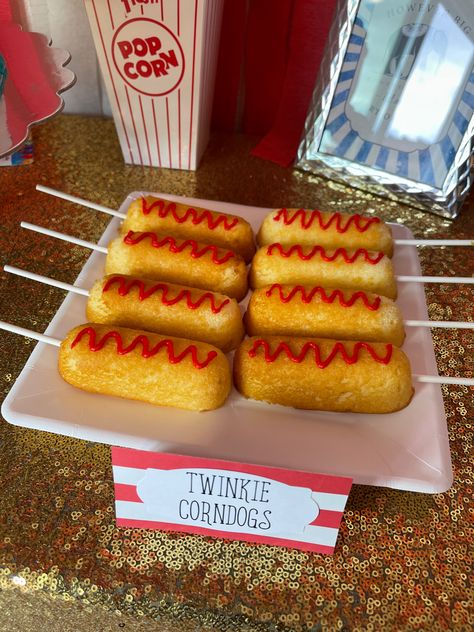 Corn Dog Birthday Party, Circus Themed Desserts, Circus Themed Birthday Party Food, Carnival Birthday Treats, Carnival Party Treats, Carnival Themed Treats, Circus Food Party, Circus Birthday Party Food, Carnival Birthday Food