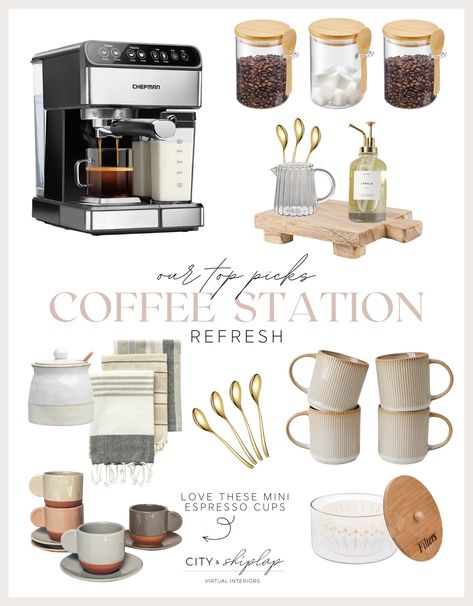 Coffee Bar Organization Small Spaces, Coffee Station Essentials, Coffee Station At Work, Home Coffee Stations Modern, Coffee Tray Station Counter Space, Work Coffee Station, Coffee And Tea Bar Ideas, Tea Station Ideas Small Spaces, Small Coffee Station Ideas