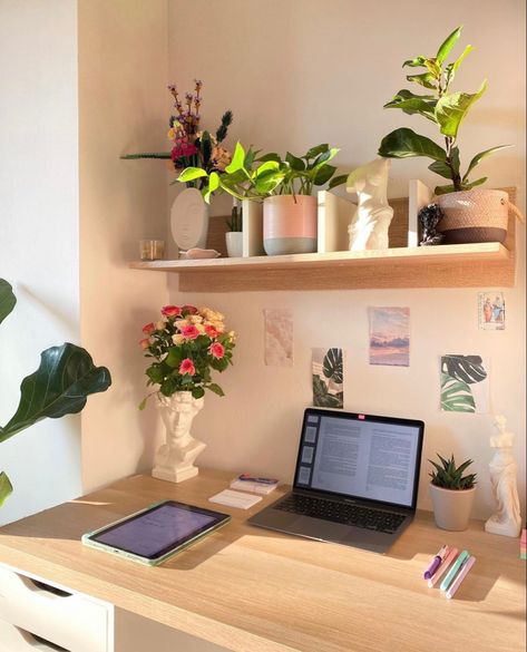 Over Desk Decor, Study Room Inspo Home Office, Shelves Above Desk Aesthetic, Small Desk Decor Ideas, Desk Room Ideas Decor, Shelf Above Desk, Pink Green Room, Desk Bedroom Decirated, Desk Plants Aesthetic