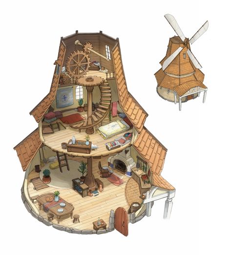 Futuristic Small House, Old Post Office Interior, Windmill Concept Art, Windmill Interior, Tree House Drawing, Interior Minecraft, Live Peacefully, Windmill House, Fantasy Village