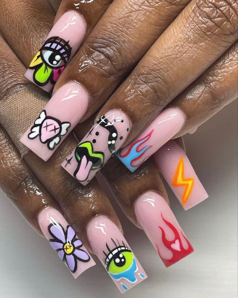 Trippy Mushroom Nails, Nails Freestyle, Mushroom Nails, Trippy Mushroom, Long Acrylic Nail Designs, Pink Hello Kitty, Short Acrylic Nails Designs, Dope Nails, Short Acrylic Nails