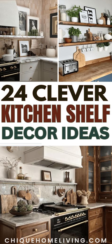 Transform your kitchen into a contemporary culinary haven with our curated collection of 24 clever open kitchen shelf decor ideas. Whether you're aiming for minimalist simplicity or eclectic charm, these creative suggestions will inspire you to elevate your kitchen shelves to new heights of style and functionality. Kitchen Shelf Decoration Ideas, Shelf Decor In Kitchen, Shelves Above Cabinets In Kitchen, High Kitchen Shelf Decor, Shelf Behind Stove, Kitchen Design With Floating Shelves, Kitchen Floating Shelves Ideas, Floating Shelves Kitchen Ideas, Dishes On Open Shelves In Kitchen