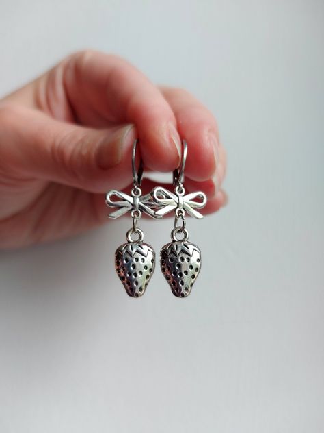 Strawberry bow earrings Nana anime earrings Strawberry hoop earrings Silver bow earrings Coquette cottagecore Y2K  Fairycore  Gothic Grunge Earrings Strawberry, Nana Anime, Anime Earrings, Cottagecore Y2k, Y2k Fairycore, Coquette Cottagecore, Hoop Earrings Silver, Gothic Grunge, Silver Bow