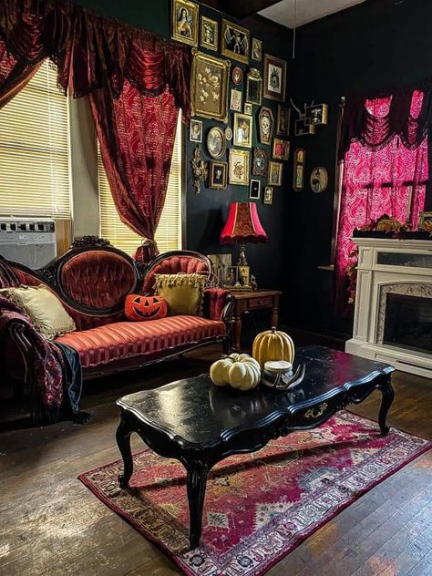 Dark Vintage Aesthetic Room, Living Room Maximalist Aesthetic, Romantic Goth Living Room, Dark Maximalist Bedroom Goth, Whimsigothic Home Decor, Dark Vampire Room Aesthetic, Whimsy Goth Living Room, Whimsigothic Decor, Vampire Living Room