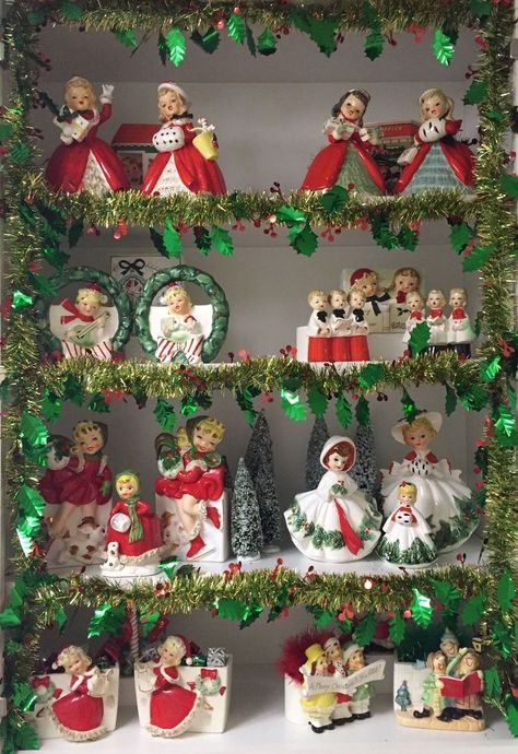 Christmas Figurines Display, Vintage Napco Christmas Figurines, Christmas Collection Display, Vintage Noel Figurines, Vintage Christmas Ceramics, Napco Christmas Figurines, Vintage Christmas Display Ideas, Vintage Christmas Figurines, Figurine Collection Display