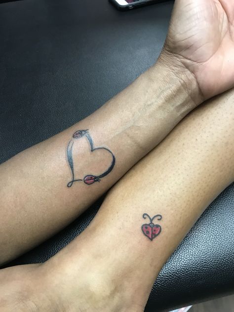 Ladybug Tattoo Matching, Matching Ladybug Tattoos, Mom And Daughter Ladybug Tattoos, Three Ladybugs Tattoo, Infinity Tattoo With Ladybug, Two Ladybugs Tattoo, Ladybug Wrist Tattoos For Women, Henna Tattoo Foot, Cute Matching Tattoos