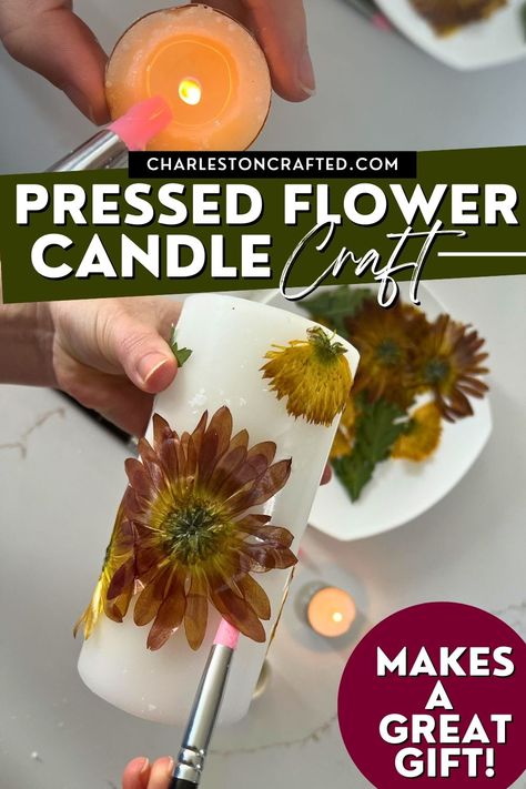 How To Put Dried Flowers In Candles, Diy Pressed Flower Candles, Adding Dried Flowers To Candles Diy, Candle Making Decoration, Candle Making Ideas Decor, Dry Flowers Craft Ideas, Dried Flowers On Candles, Candle Carving Diy Easy, Pressed Flowers On Candles