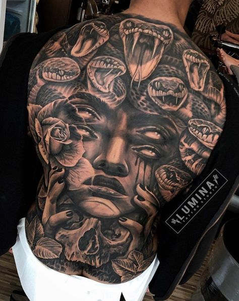 Tattoos On Black Skin, Cool Back Tattoos, Animal Sleeve Tattoo, Gangsta Tattoos, Back Piece Tattoo, Full Back Tattoos, Back Tattoos For Guys, Mythology Tattoos, Medusa Tattoo