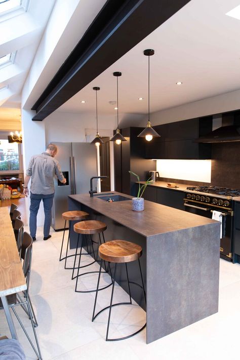 Iceland Kitchen Design, Exposed Steel Beams In Kitchen, Steel Beams Interior Industrial Style, Concrete Effect Kitchen Units, Steel Beam Kitchen Exposed, Waterfall Island Kitchen Concrete, Beam In Kitchen, Conservatory Kitchen, Kitchen Dining Living Room