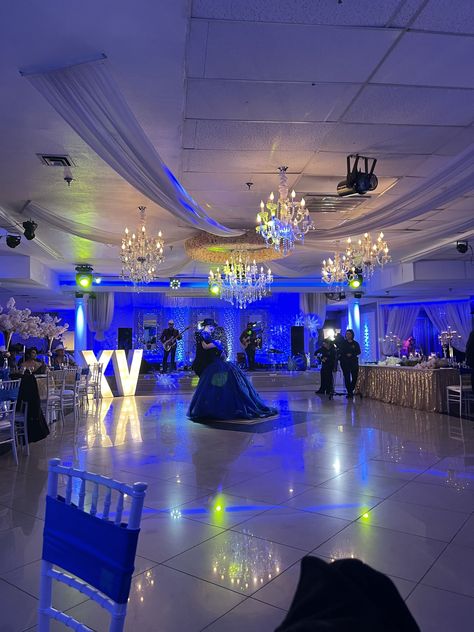 Saphire Blue Quinceanera, Dark Blue 15 Decorations, Royal Blue Enchanted Forest Quinceanera, Dark Blue Venue Quince, 15 Decorations Ideas Blue, Quinceanera Color Themes, Into The Night Quince Theme, Navy Blue Venue Quince, Dark Blue Quinceanera Theme Ideas