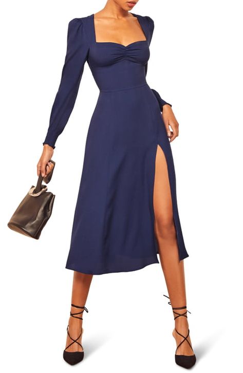 reformation dresses | Nordstrom Fitz Vacker, Reformation Clothing, Curated Closet, Formal Dresses With Sleeves, Midi Dress Formal, Lehenga Style, Reformation Dress, Navy Midi Dress, Dresses 2020