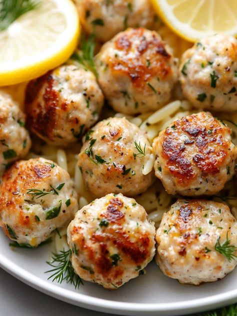 Greek Chicken Meatballs with Lemon Orzo Chicken Meatball And Orzo Soup, Meatballs Orzo, Greek Chicken Meatballs, Holiday Apps, Greek Meatballs, Lemon Orzo, Orzo Soup, Meatball Ingredients, Lemon Herb