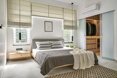 The House of Lines - Scandinavian - Bedroom - Bengaluru - by The Design Collaborative | Houzz AU Bed Between Windows Master, Bed Between Two Windows, Bed Between Windows, Couple Bedroom Design, Window Coverings Bedroom, Scandinavian Bed, Bedroom Designs For Couples, Blue Grey Walls, Ideas For Design