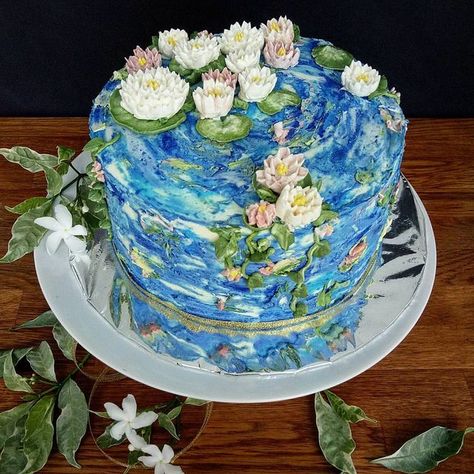 Cream & Crumbs - Nianiani on Instagram: "My interpretation of monet's water lillies on a cake for @peggyseputra 😄 #buttercream #buttercreamflowers #cakedecorating #impressionist #fineart #painting #monet #art #buttercreampainting #instaart #instafood #dessert #cake #sweets #edibleart #suckerforart #creamncrumbs #creamncrumbsjkt #worldofarti" Artsy Chic Cake, Monet Wedding Cake, Claude Monet Wedding Theme, Monet Themed Party, Impressionist Cake, Claude Monet Cake, Art Cakes, Monet Wedding, Artistic Cake