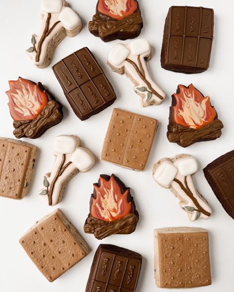 Bonfire Cookies, Bachelorette Smores, Smores Cookie Decorated, S'more Fun To Be One Birthday, S’mores Birthday Party Theme, S’mores Cookie Decorated, S’mores Decorated Cake, Campfire Cookies, November Baby Shower