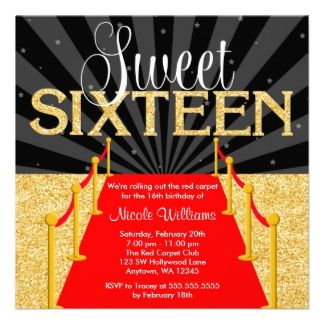 Red Carpet Gold Glam Hollywood Sweet 16 Birthday Custom Announcement Red Carpet Invitations Template, Hollywood Invitations, Hollywood Sweet 16, Red Carpet Invitations, Hollywood Birthday Parties, Sweet Sixteen Birthday Invitations, Hollywood Birthday, Hollywood Party Theme, 16th Birthday Card