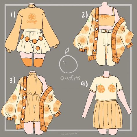 Outfits based on orange fruits Types Of Clothes, Clothing Sketches, Art Outfits, Dress Design Drawing, Clothing Design Sketches, Orange Outfit, Drawing Anime Clothes, Dress Design Sketches, Sopot