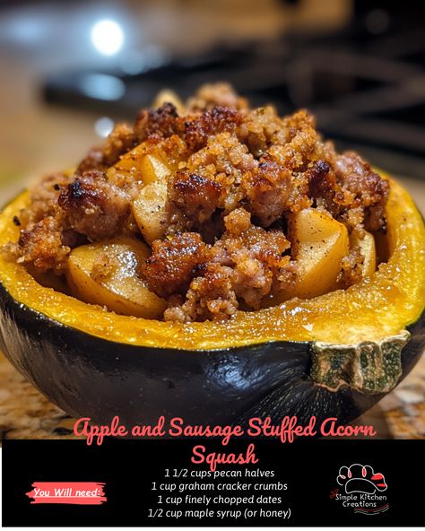 Indulge in the flavors of fall with these delicious Apple and Sausage Stuffed Acorn Squash! This savory dish is perfect for a cozy night in or as a festive addition to your holiday table. Get the recipe and wow your guests with this tasty and comforting meal. #fallrecipes #stuffedacornsquash #comfortfood #holidaymeal Stuffed Acorn Squash With Sausage And Apples, Acorn Squash Stuffed With Sausage, Stuffed Kabocha Squash Recipe, Sausage Stuffed Acorn Squash Recipes, Easy Acorn Squash Recipes, Squash Recipes Acorn, Acorn Squash Sausage, Acorn Squash Casserole, Stuffed Acorn Squash Recipes