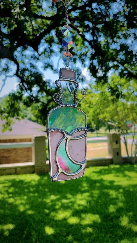 Stained Glass Potion Bottle, Stained Glass Planchette, Witchy Stained Glass Art, Stained Glass Witchy, Witchy Stained Glass Patterns, Moon Potion, Lunar Moon, Glass Inspiration, Goth Decor