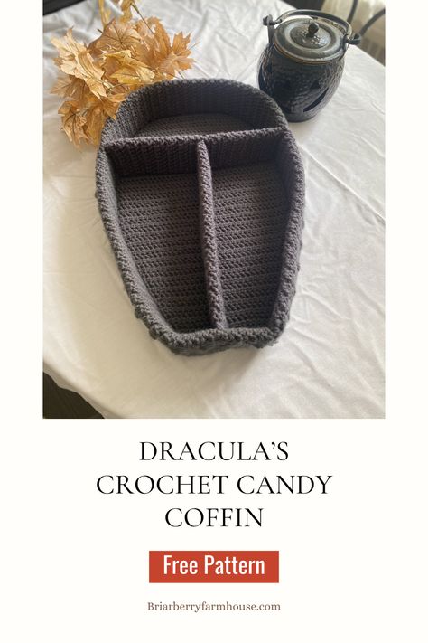 Free Halloween Crochet Pattern for Dracula's Candy Coffin. Use it to serve spooky snacks to your Trick or Treaters or as a fright filled decoration. Advanced Beginner Level. Quick Halloween Crochet Projects, Whimsical Crochet Patterns Free, Coffin Crochet Pattern, Free Goth Crochet Patterns, Free Witchy Crochet Patterns, Goth Knitting Patterns Free, Crochet Witchy Stuff Free Pattern, Crochet Coffin Pattern Free, Crochet Trinket Dish Free Pattern