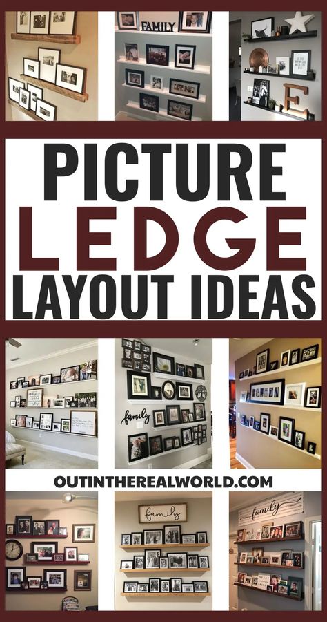 Photo ledge layout ideas with photo displays on wall shelves - great ideas for a family picture wall. Ledge Shelf Styling, Wall Picture Design Ideas, Grandbaby Picture Wall, Staggered Picture Shelves, Shelves For Frames, Displaying Sports Pictures, Floating Shelves Family Pictures, Picture Shelving Ideas, Picture Wall Shelf Ideas Living Room