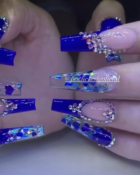 royal blue nails 💙 #coffinnails #nailart #naildesign Acrylic Nails Royal Blue Coffin, Blue Nail Acrylic Ideas, Royal Blue Acrylic Nails For Wedding, Royal Blue Sweet 16 Nails, Wedding Blue Nails, Prom Royal Blue Nails, Royal Blue Acrylic Nails Coffin Long, Royal Blue Nails Acrylic Long, Royal Blue Rhinestone Nails