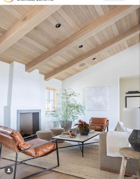 Angled Ceiling Living Room, White Oak Ceiling, Oak Ceiling, Ceiling Beams Living Room, Cathedral Ceiling Living Room, Vaulted Ceiling Ideas, Beams Living Room, Wood Plank Ceiling, Vaulted Ceiling Living Room