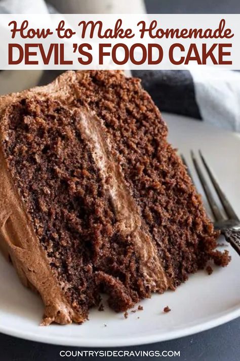 Homemade Devil's Food Cake on white plate with a fork. Fluffy Chocolate Cake, Amazing Chocolate Cake Recipe, Vegan Chocolate Cake, Devils Food Cake, Chocolate Bundt Cake, Chocolate Layer Cake, Devils Food, Best Chocolate Cake, Moist Chocolate Cake