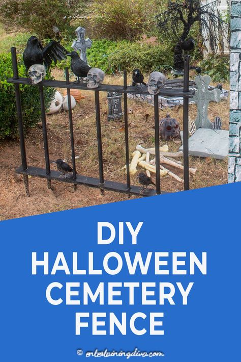 I love this DIY Halloween cemetery picket fence. It's cheap and easy to make, and it looks spooky around my Halloween graveyard.  #entertainingdiva #halloweencemetery #yardhaunt #diyhalloween #halloween Diy Halloween Cemetery, Diy Halloween Graveyard, Halloween Fence, Halloween Cemetery, Halloween Outdoor Decoration, Outdoor Halloween Decor, Halloween Maze, Haunted Graveyard, Decorate Christmas