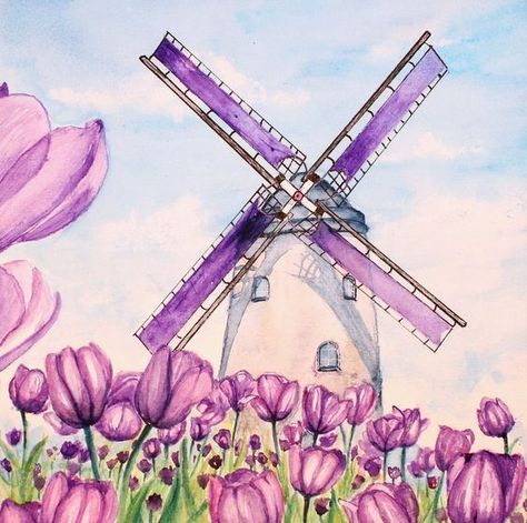 Rose Field Drawing, Spring Drawings Ideas Art, Watercolor Windmill, Perspective Shadow, Spring Drawings, Cat And Dog Photos, Windmill Art, Spring Drawing, Learn Watercolor Painting