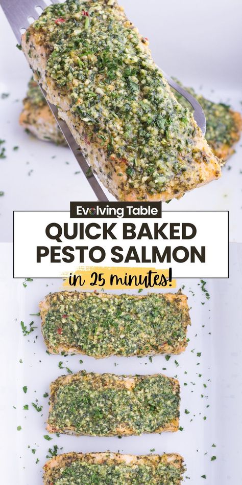 This Baked Pesto Salmon recipe is quickly becoming our new go-to way of cooking our favorite fish! In 25 minutes, you’ll have the most tender, flaky fish with just a handful of simple ingredients. It’s a weeknight hero in our household, earning rave reviews from everyone who takes a bite! Baked Pesto Salmon Recipes, Baked Salmon Pesto, Lemon Pesto Salmon, Salmon With Pesto Baked, Salmon Pesto Recipes, Pesto Salmon Recipes, Basil Pesto Salmon, Pesto Baked Salmon, Pesto Fish