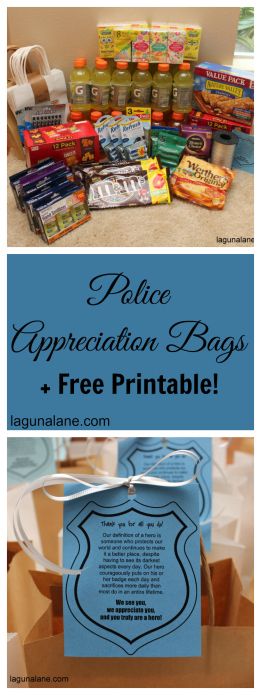 Support police officers and tell them "thank you" by putting together and distributing police appreciation bags full of treats and useful items!  Free printable tags and shopping list included in post. Blessing Bags For Police Officers, Thank You Gifts For Police Officers, Police Appreciation Gifts, Gifts For Police Officers, Police Officer Appreciation, Boys Christmas Gifts, Service Projects For Kids, Police Appreciation, Community Service Ideas