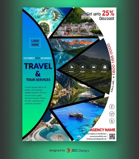 Creative Travel and tour services flyer template is a modern free flyer template suited for Travel agencies, tour packages, Promotions Travel Guide, Travel Planner posts, etc. Travel Flyer Template, Tour Packages Design, Travel Brochure Design, Travel Flyer, Brochure Design Creative, Travel Creative, Page Layout Design, Travel Agencies, Travel Poster Design