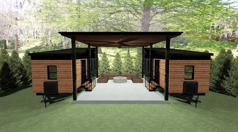 double trailers connected by deck Container Homes With Courtyard, Double Tiny House, Double Tiny House Ideas, Two Tiny Homes Connected, Tiny Home Deck, Connected Houses, Small Pavilion, Two Tiny Houses Connected, Two Houses Connected