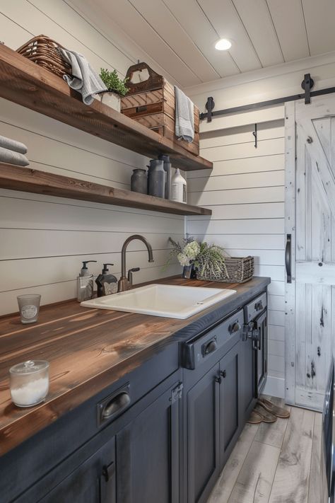 47+ Laundry Room Ideas to Transform Your Chore Routine Mudroom With Utility Sink, Laundry Room Desk Area, Laundry Room With Sink And Cabinets, Laundry Room Mud Room Ideas, Laundry Room Flooring Ideas, Butcher Block Laundry Room, Color Tile Backsplash, Creative Design Ideas, Rustic Laundry Rooms