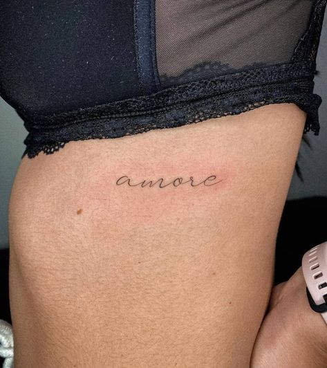 Lover Cursive Tattoo, Amore Tattoo Fonts, Amor Tattoo Fonts Words, Lover Tattoo Word Font, Amour Tattoo French, Love Yourself Tattoos In French, Amor Tattoo, Love Yourself Tattoo, Single Needle Tattoo