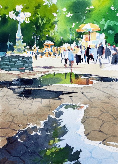 Watercolor Blog, Set Design Theatre, Park In New York, Rain Storm, City Illustration, Water Reflections, Watercolor Landscape Paintings, New York Art, Urban Sketching