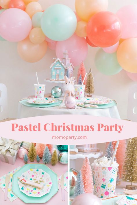 Have a merry and bright Christmas this year with this adorable Holiday party kit featuring adorable party goods in cheerful colors with gold accents! Check out momoparty.com for more cute party supplies and decoration ideas! #christamsparty #kidsholidayparty #pastelxmas Pastel Winter Party, Pastel Christmas Party, Pastel Christmas Birthday Party, Pastel Christmas Backdrop, Pastel Christmas Candyland, Pastel Candy Christmas Decor, Vintage Christmas Party, Pastel Christmas Decor, Holiday Party Inspiration