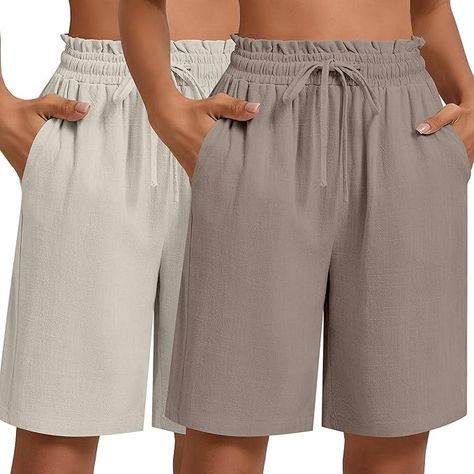 Neer 2 Pcs Women's Linen Summer Shorts Casual Bermuda Wide Leg Mid Length High Waisted Drawstring Short with Pocket (Coffee, Light Brown,S) | Amazon.com Pocket Coffee, Linen Summer, Shorts Casual, Drawstring Shorts, Linen Women, Shorts With Pockets, Summer Shorts, Mid Length, Light Brown