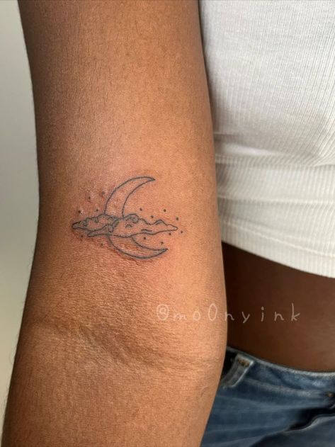 Moon Behind Clouds Tattoo, Cloud Moon Tattoo, Cloud And Moon Tattoo, Moon Clouds Tattoo, Moon And Cloud Tattoo, Fine Line Rainbow Tattoo, Moon Cloud Tattoo, Calm Tattoo Ideas, Moon And Clouds Tattoo