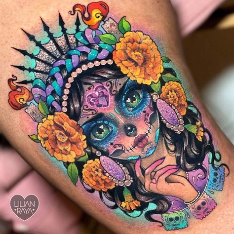 Laura Anunnaki, Girly Skull Tattoos, Mexican Skull Tattoos, Sugar Skull Girl Tattoo, Mexican Tattoo, Catrina Tattoo, Skull Girl Tattoo, Mexican Art Tattoos, Sugar Skull Girl