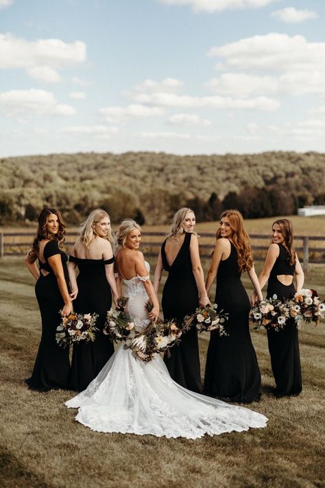 Black Bridesmaids Dresses Western, Country Wedding Black Bridesmaid Dresses, Black Bridesmaid Dresses Country, Black Wedding Party Dress, Winter Wedding Bridesmaid Dresses Black, Western Black Bridesmaid Dresses, Black Western Bridesmaid Dresses, Different Style Black Bridesmaid Dresses, Dark Country Wedding Theme