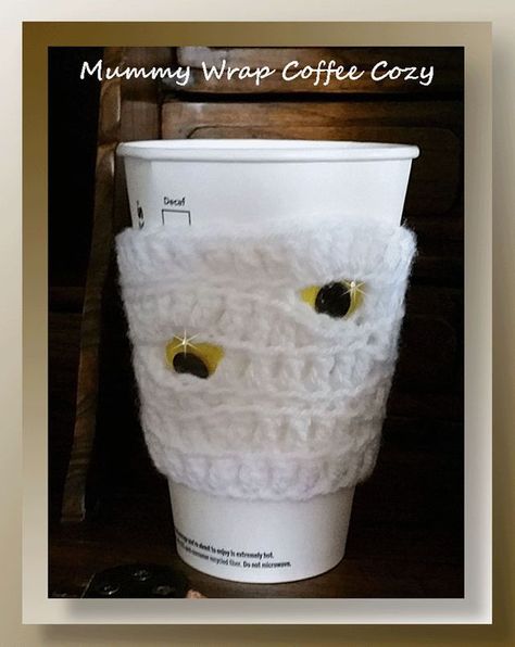 Mummy Wrap Coffee Cozy | Crochet Memories Blog | Bloglovin’ Free Crochet Halloween, Cup Cozy Crochet Pattern, Mug Cover, Mummy Wrap, Cup Cozy Pattern, Crochet Mug, Crochet Mug Cozy, Crochet Coffee Cozy, Crochet Cup Cozy