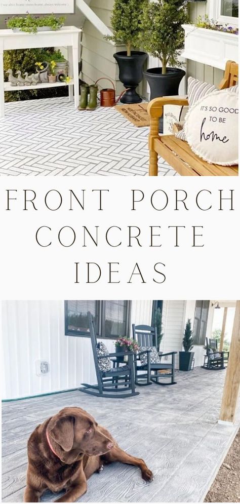 Stained Concrete Porch, Front Porch Concrete Ideas, Porch Concrete Ideas, Stenciled Concrete Floor, Painted Porch Floors, Concrete Front Porch, Paint Concrete Patio, Front Porch Concrete, Concrete Patio Makeover