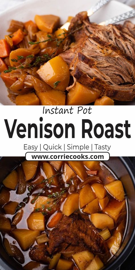 Instant Pot Venison Roast, Venison Roast Crockpot, Carrots Cooked, Venison Backstrap Recipes, Garlic Broth, Backstrap Recipes, Deer Steak, Venison Stew, Venison Roast